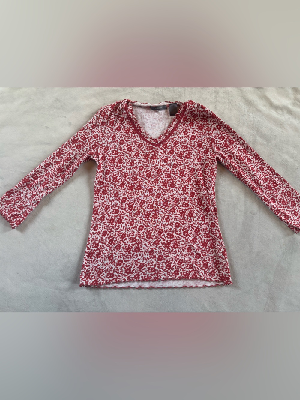 Y2K Liz Claiborne Red Floral Lettuce Hem Long Sleeve Top M - Picture 4 of 8